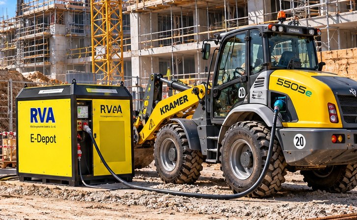 E-Depot laedt einen Radlader auf der Baustelle